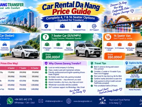 Da Nang car rental price guide comparing 4 seater, 7 seater and 16 seater private cars