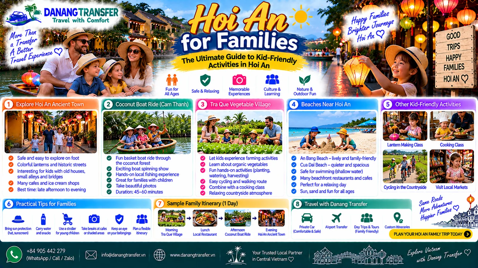 Hoi An family travel guide featuring kid-friendly activities, beaches, coconut boats and cultural experiences