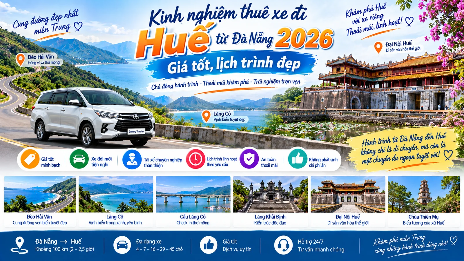 Kinh nghiệm thuê xe đi Huế từ Đà Nẵng 2026 giá tốt lịch trình đẹp