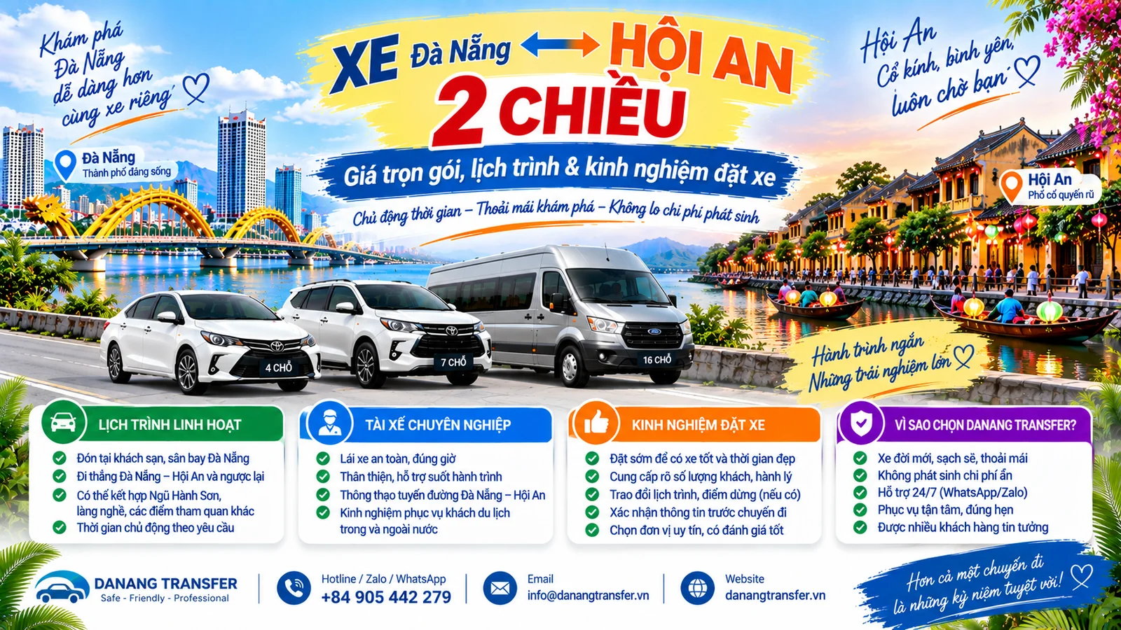 Xe Đà Nẵng Hội An 2 chiều giá trọn gói lịch trình linh hoạt và kinh nghiệm đặt xe