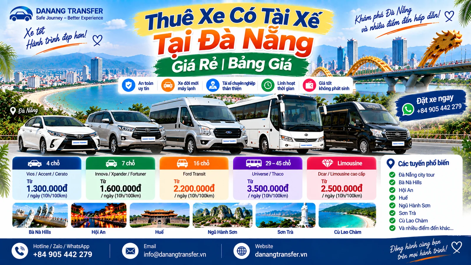 Thuê xe có tài xế tại Đà Nẵng giá rẻ bảng giá xe 4 đến 45 chỗ