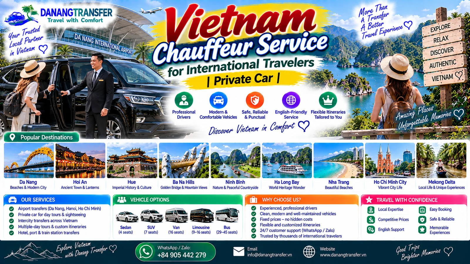 Vietnam chauffeur service for international travelers with private car, professional driver, airport transfers and sightseeing tours