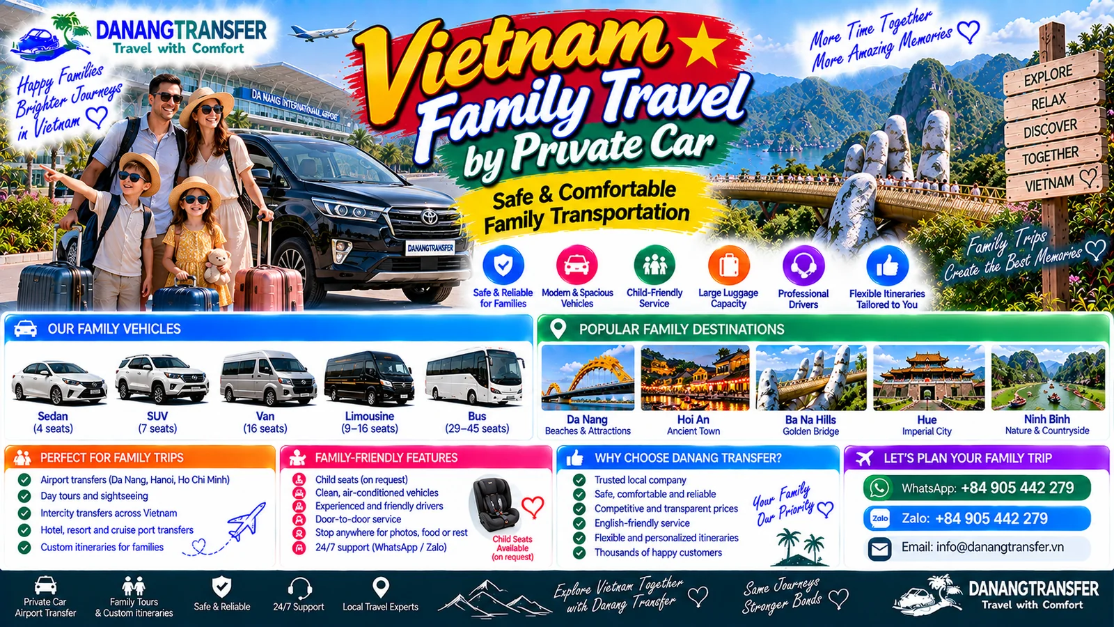Vietnam family travel by private car with safe and comfortable transportation, professional drivers and family-friendly vehicles