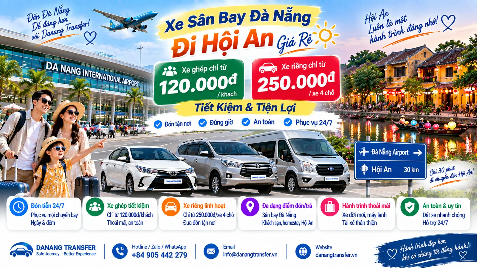Xe sân bay Đà Nẵng đi Hội An giá rẻ từ 120.000đ xe ghép và 250.000đ xe riêng