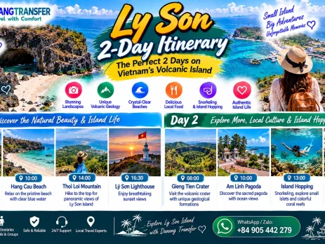 Ly Son 2-day itinerary featuring To Vo Gate, Hang Cau Beach, Thoi Loi Mountain, Gieng Tien Crater and island hopping