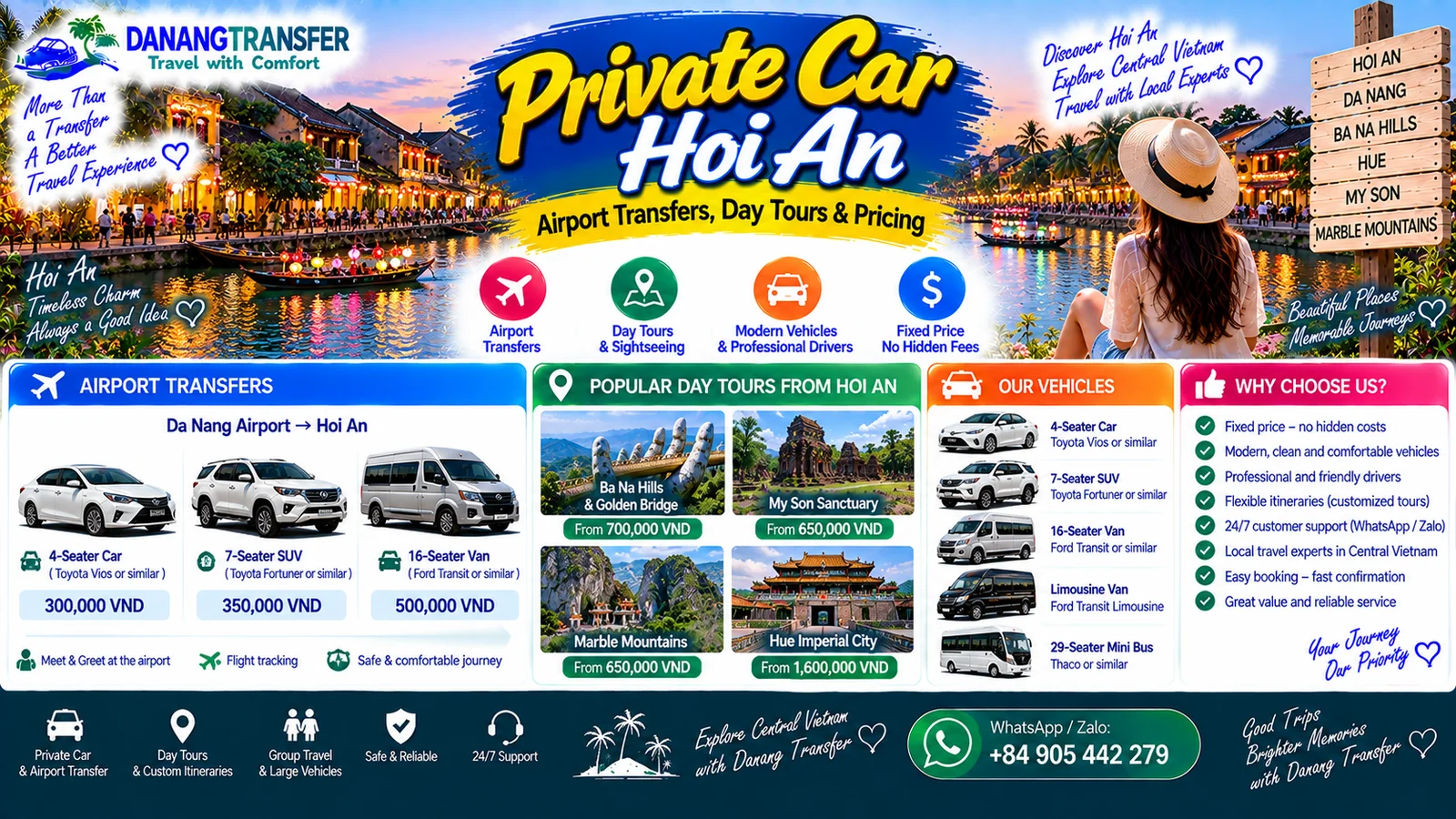 Private car Hoi An for airport transfers, day tours and sightseeing with vehicle options and pricing