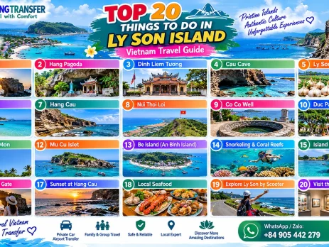 Top 20 things to do in Ly Son Island Vietnam including To Vo Gate, Hang Pagoda, garlic fields, beaches, snorkeling and local seafood
