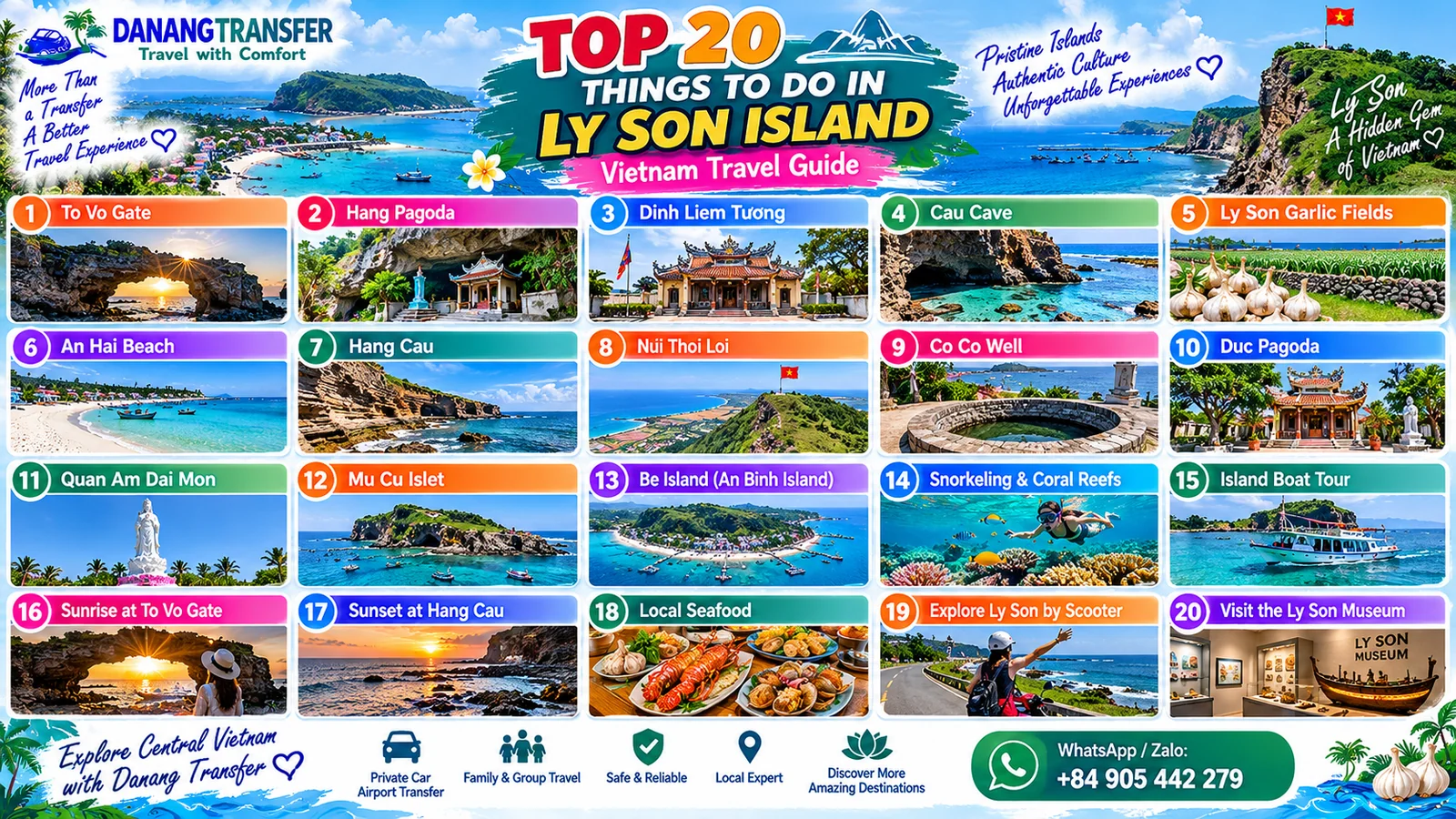 Top 20 things to do in Ly Son Island Vietnam including To Vo Gate, Hang Pagoda, garlic fields, beaches, snorkeling and local seafood