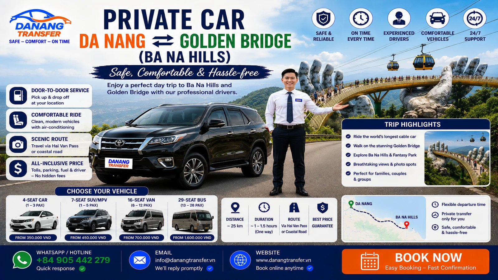 Private car from Da Nang to Golden Bridge Ba Na Hills