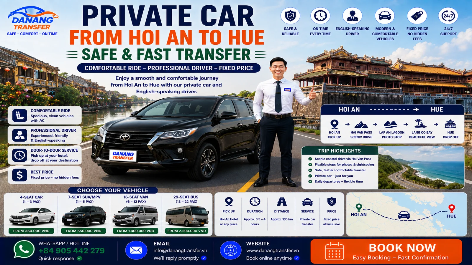 Private car from Hoi An to Hue