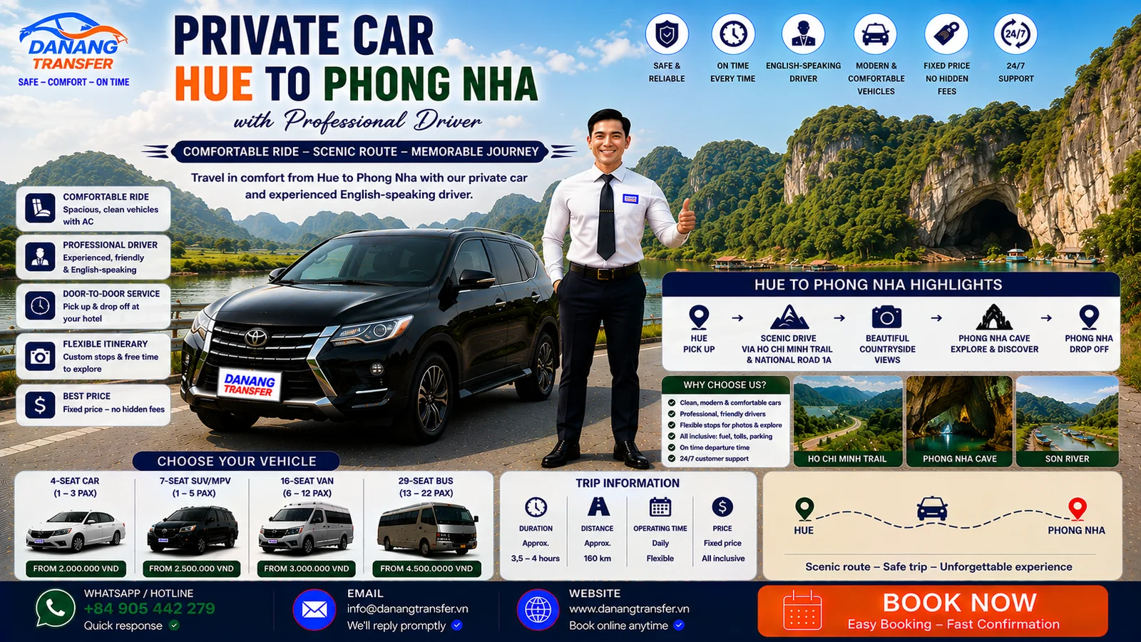 Private car from Hue to Phong Nha