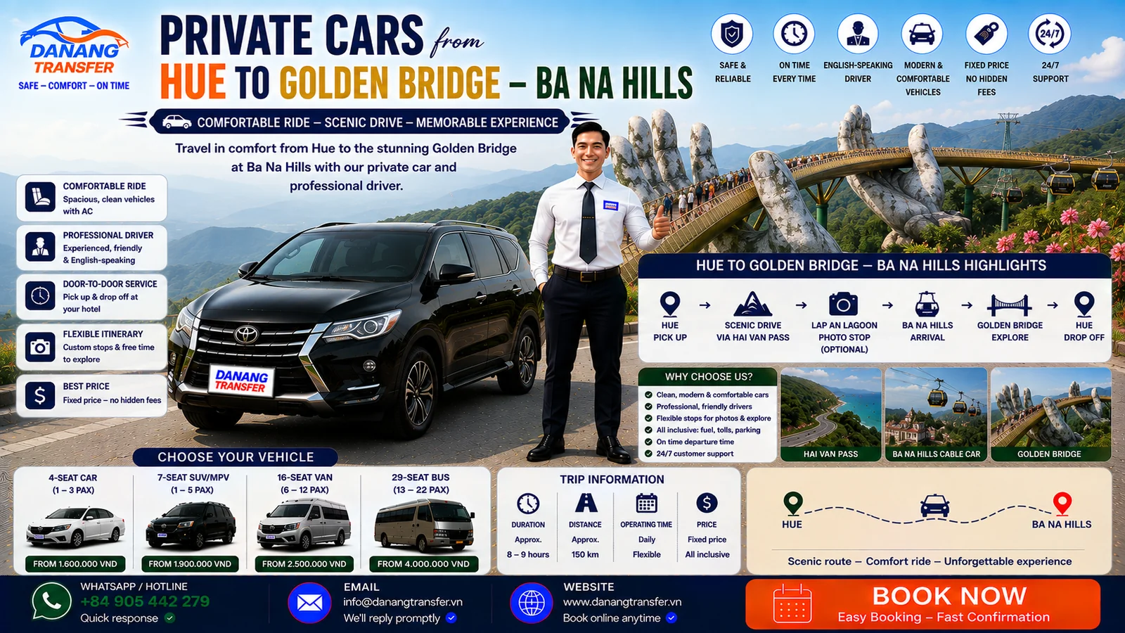 Private car from Hue to Golden Bridge Ba Na Hills