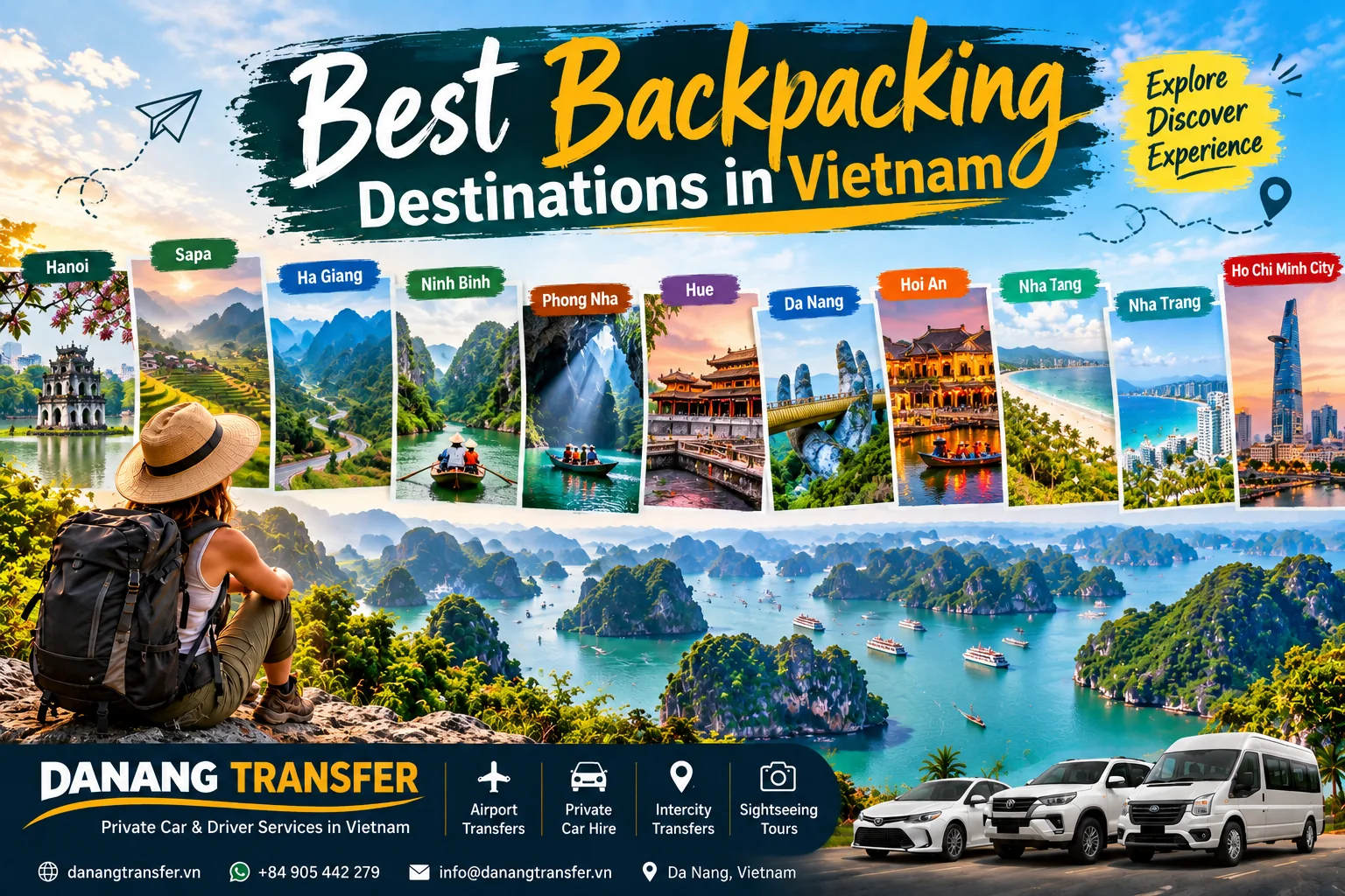 Best backpacking destinations in Vietnam including Hanoi, Sapa, Ha Giang, Ninh Binh, Phong Nha, Hue, Da Nang, Hoi An, Nha Trang and Ho Chi Minh City.