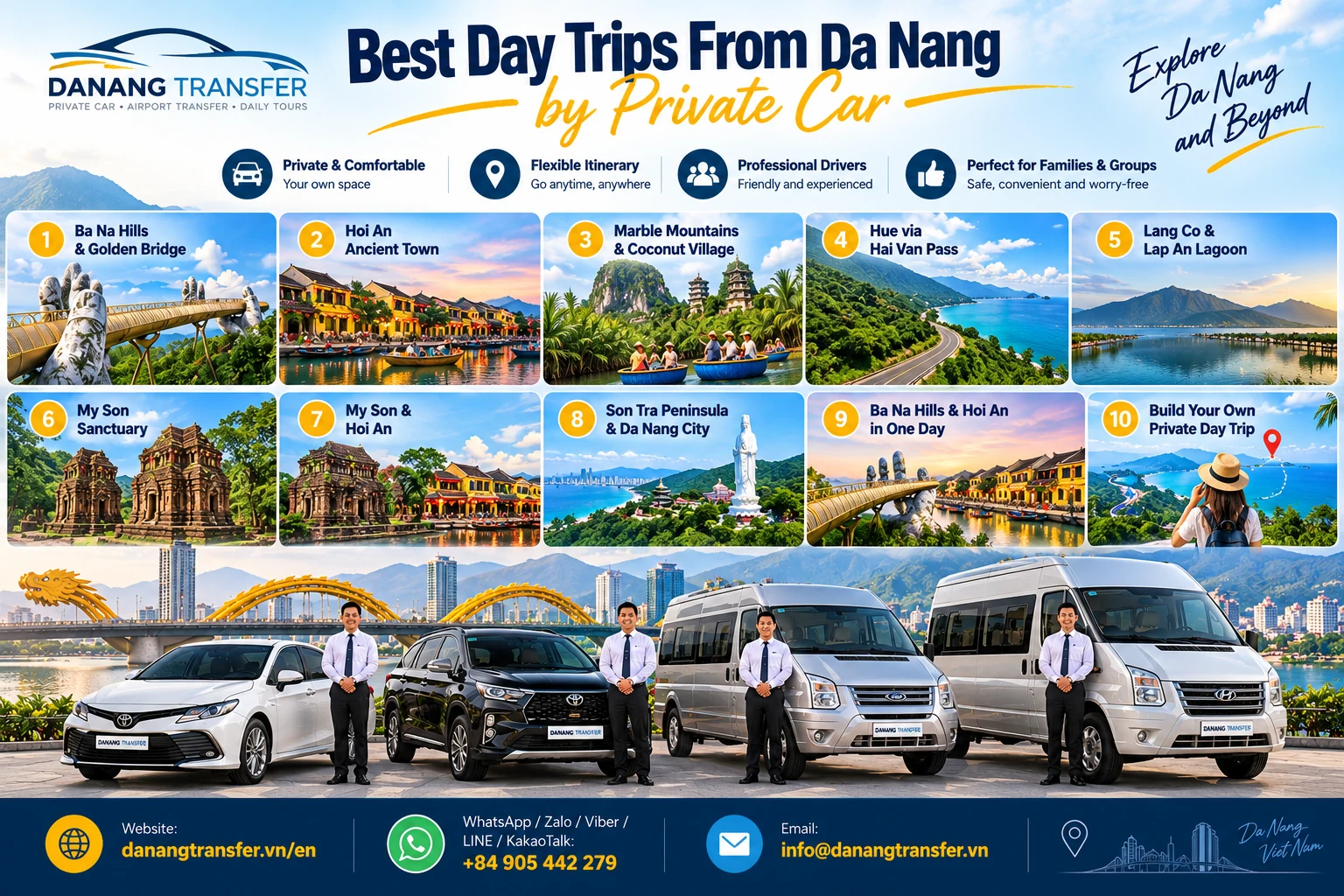 Best day trips from Da Nang by private car with professional drivers to Ba Na Hills, Hoi An, Hue, Hai Van Pass, My Son Sanctuary and Son Tra Peninsula.