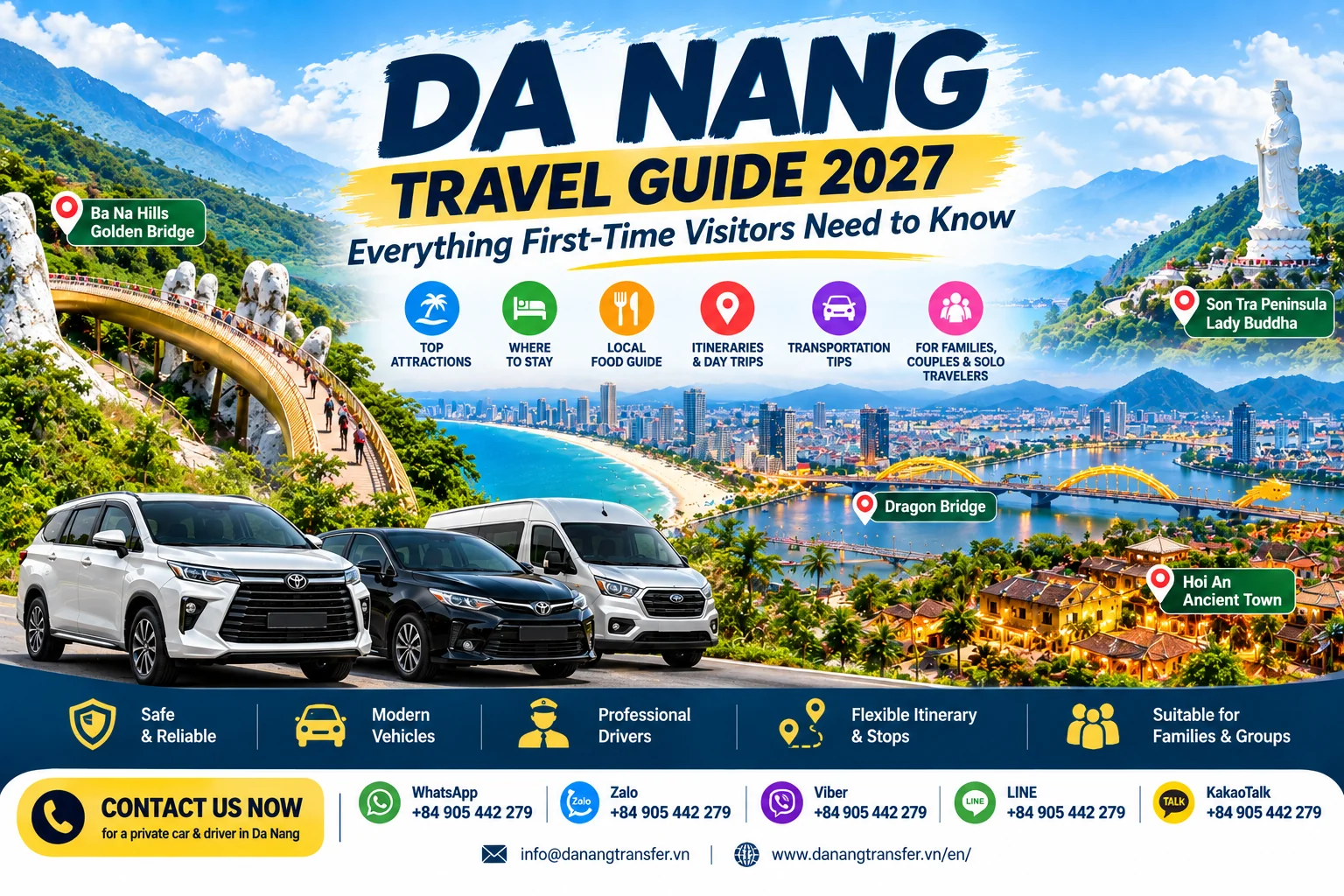 Da Nang Travel Guide 2027 for first-time visitors featuring Golden Bridge, Son Tra Peninsula, Dragon Bridge, Hoi An and private car travel.