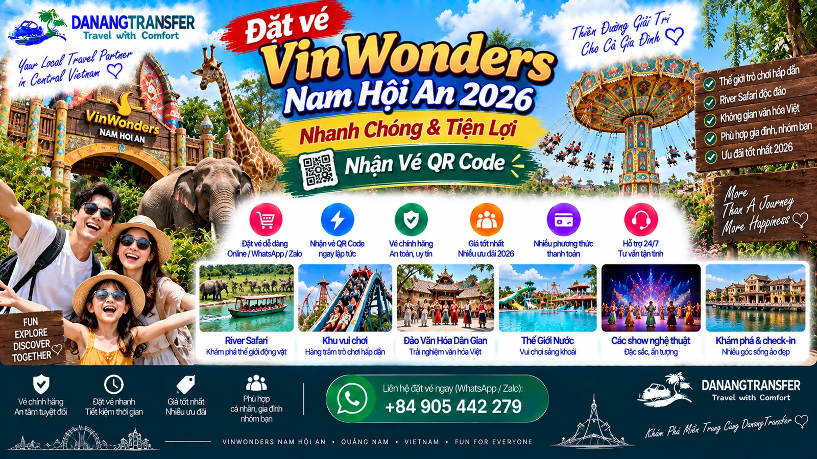 Đặt vé VinWonders Nam Hội An 2026 nhanh chóng, nhận vé QR Code, khám phá River Safari và các trò chơi giải trí