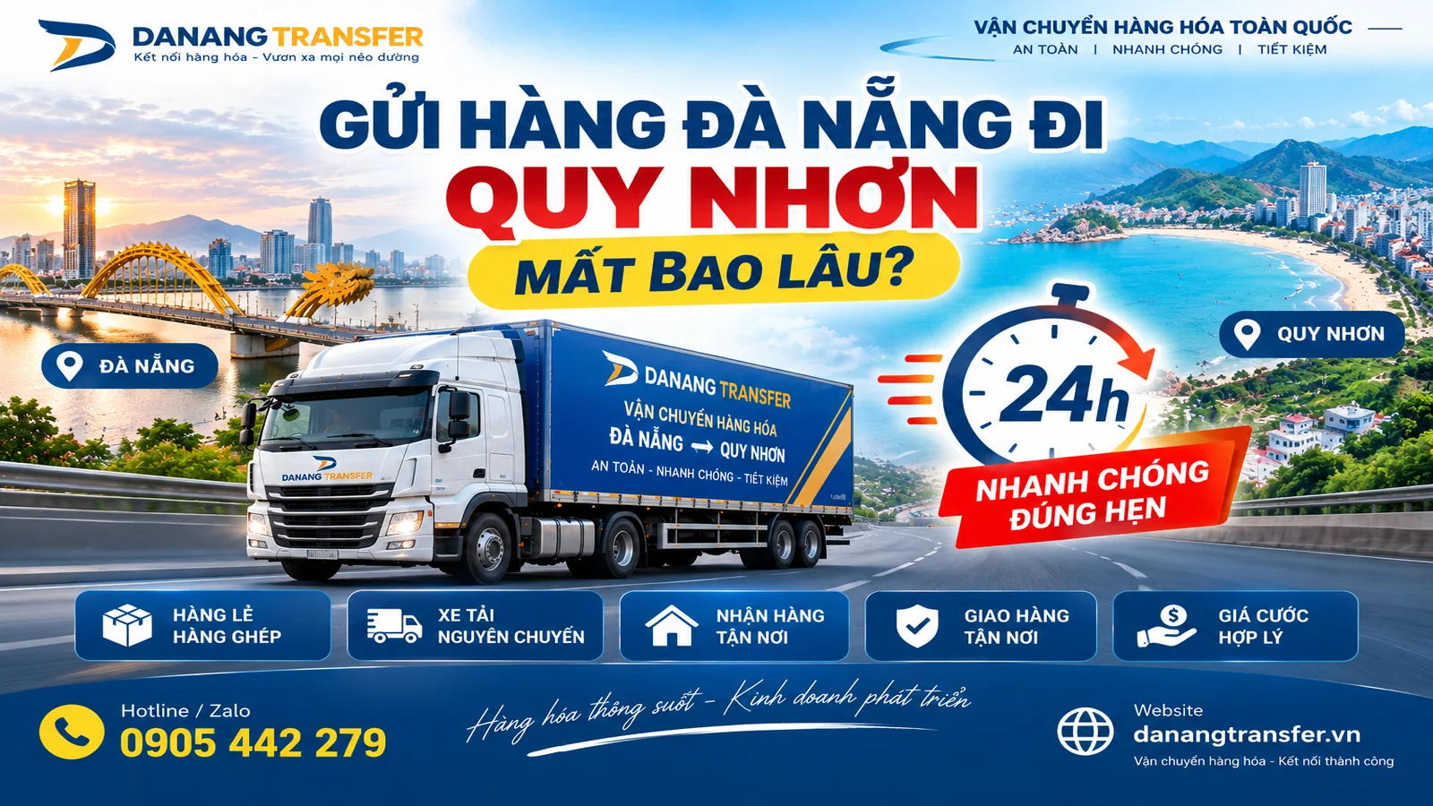 Gửi hàng Đà Nẵng đi Quy Nhơn mất bao lâu – Vận chuyển hàng nhanh khoảng 24 giờ cùng Danang Transfer.