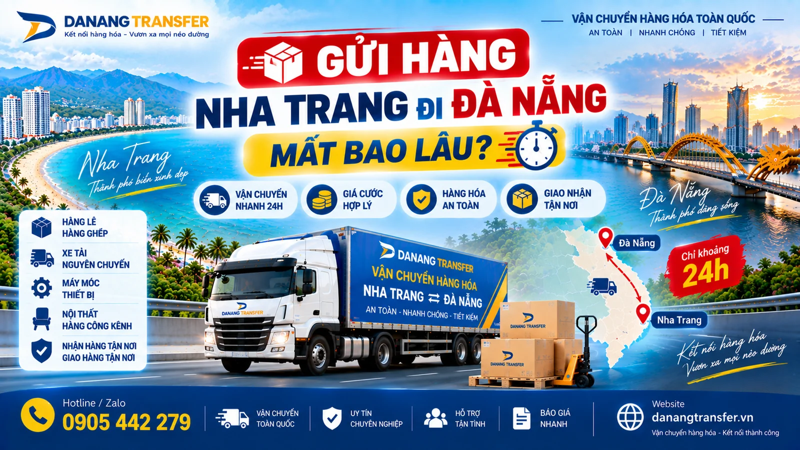 Gửi hàng Nha Trang đi Đà Nẵng mất bao lâu – Vận chuyển khoảng 24 giờ cùng Danang Transfer.