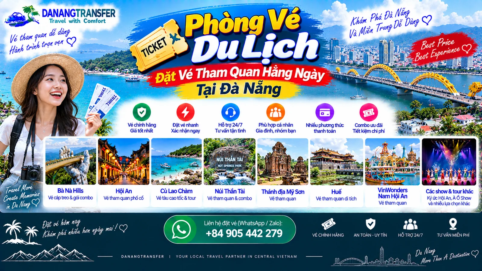 Phòng vé du lịch Đà Nẵng đặt vé tham quan Bà Nà Hills, Hội An, Cù Lao Chàm, Núi Thần Tài, Mỹ Sơn và Huế