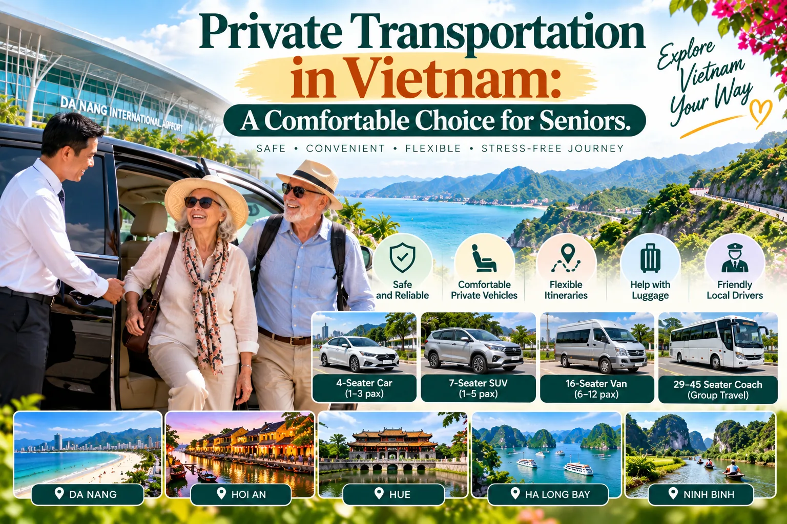 Private Transportation in Vietnam for Seniors – Comfortable Private Cars, Professional Drivers and Flexible Sightseeing Tours.