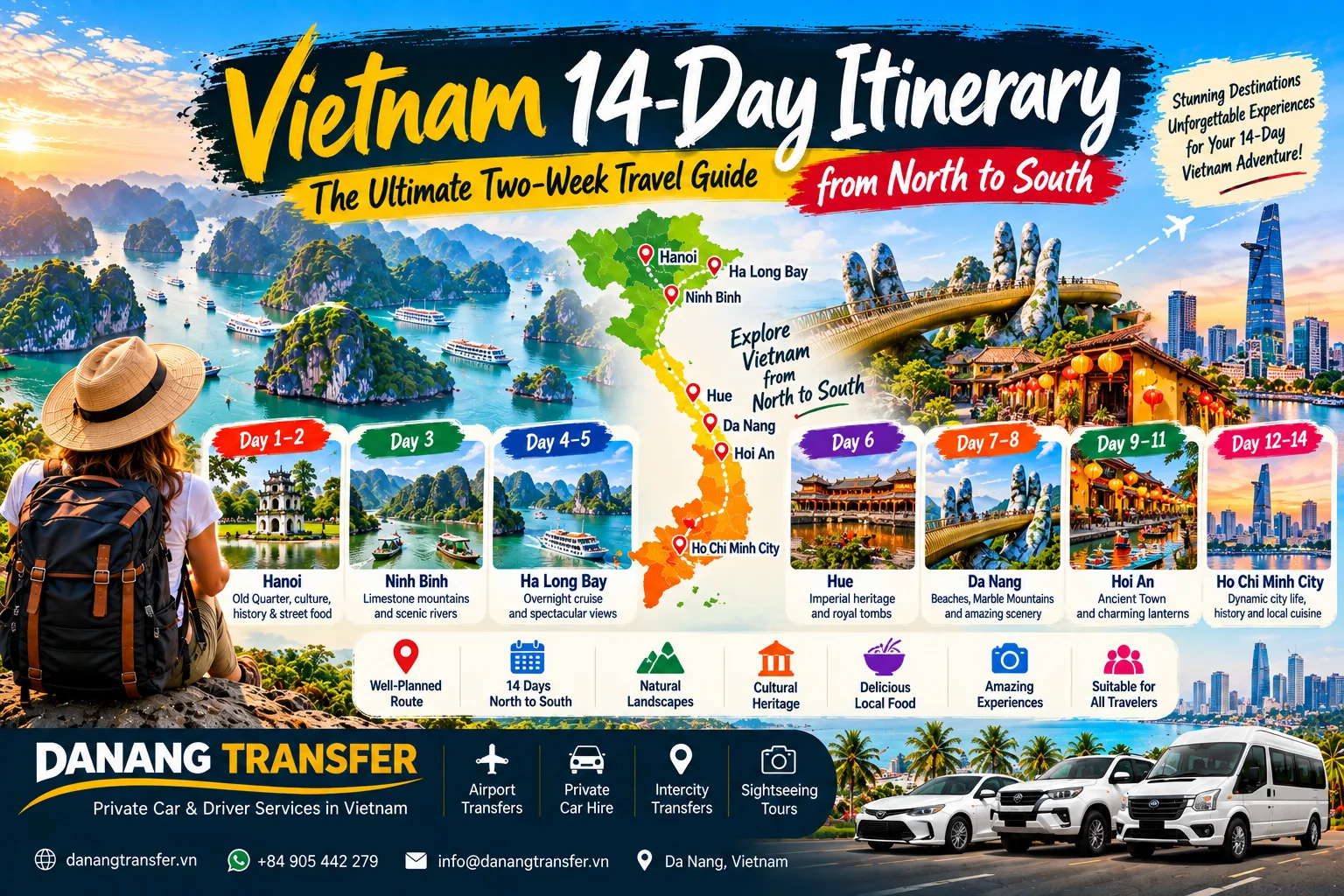 Vietnam 14-day itinerary from North to South featuring Hanoi, Ninh Binh, Ha Long Bay, Hue, Da Nang, Hoi An and Ho Chi Minh City.