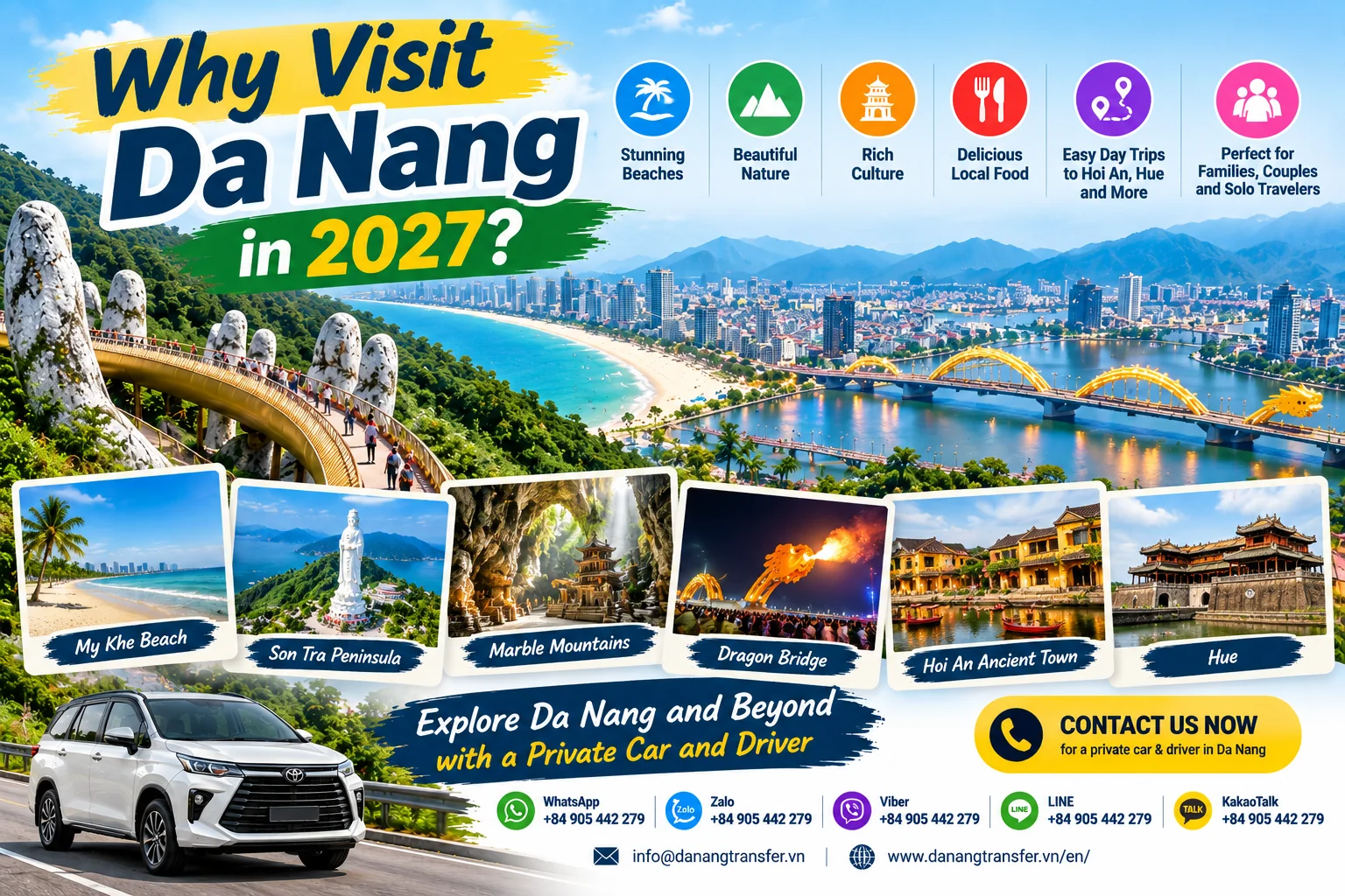 Why visit Da Nang in 2027 – discover My Khe Beach, Son Tra Peninsula, Marble Mountains, Dragon Bridge, Hoi An and Hue.