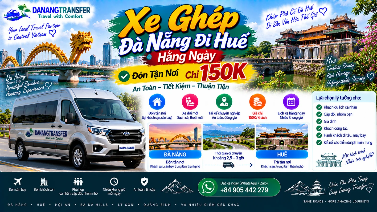 Xe ghép Đà Nẵng đi Huế hằng ngày, đón tận nơi, giá từ 150K với xe sạch và tài xế chuyên nghiệp