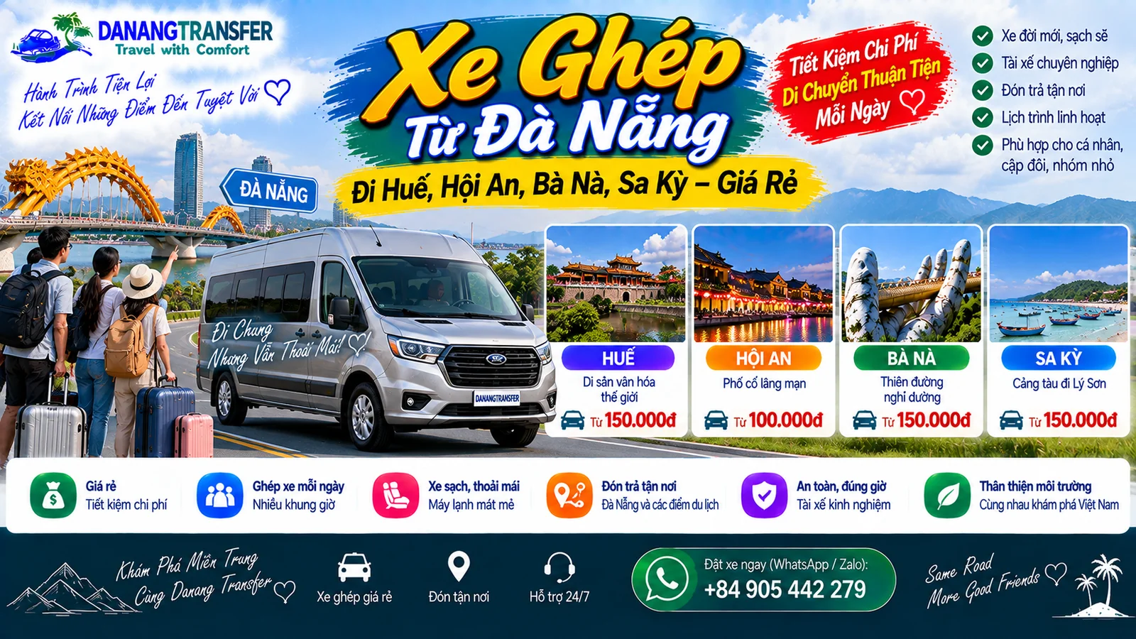 Xe ghép từ Đà Nẵng đi Huế, Hội An, Bà Nà Hills và Sa Kỳ giá rẻ, xe sạch và đón trả tận nơi