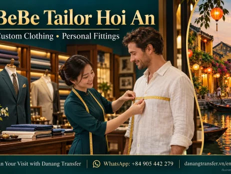 Illustration of a tailoring consultation in Hoi An for travelers planning a BeBe Tailor visit from Da Nang.
