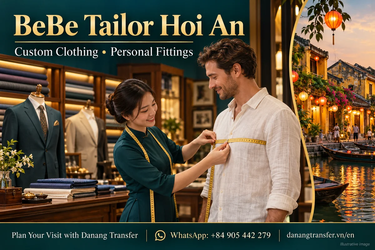 Illustration of a tailoring consultation in Hoi An for travelers planning a BeBe Tailor visit from Da Nang.