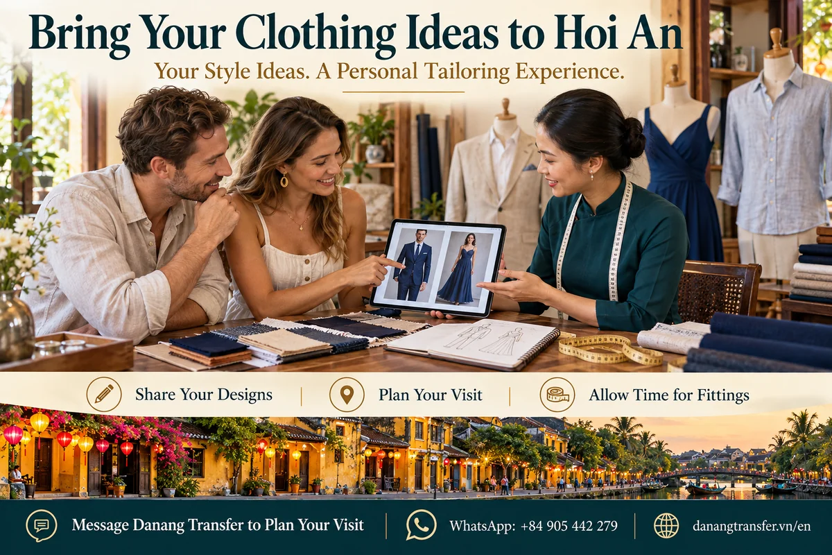 Travelers discussing clothing ideas with a tailoring consultant in Hoi An, using reference photos, fabric samples and design sketches.