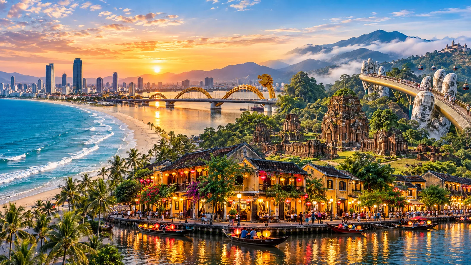 Da Nang 3-day itinerary with My Khe Beach, Dragon Bridge, Hoi An Ancient Town, My Son Sanctuary and Ba Na Hills Golden Bridge