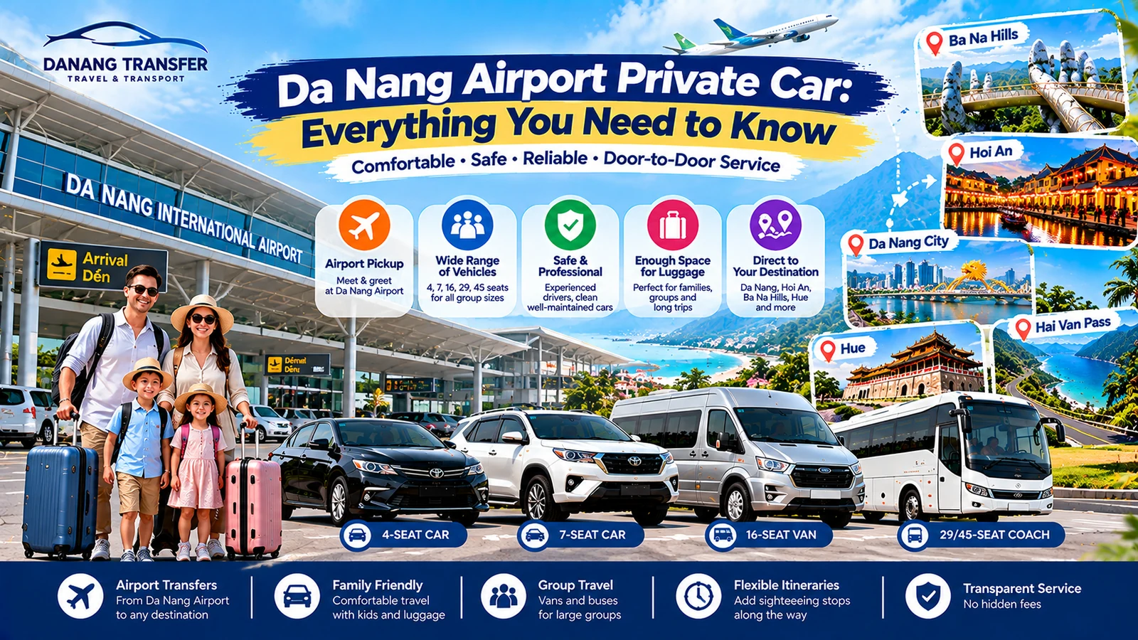 Da Nang Airport private car service with professional driver, family-friendly vehicles and transfers to Hoi An, Ba Na Hills and Hue