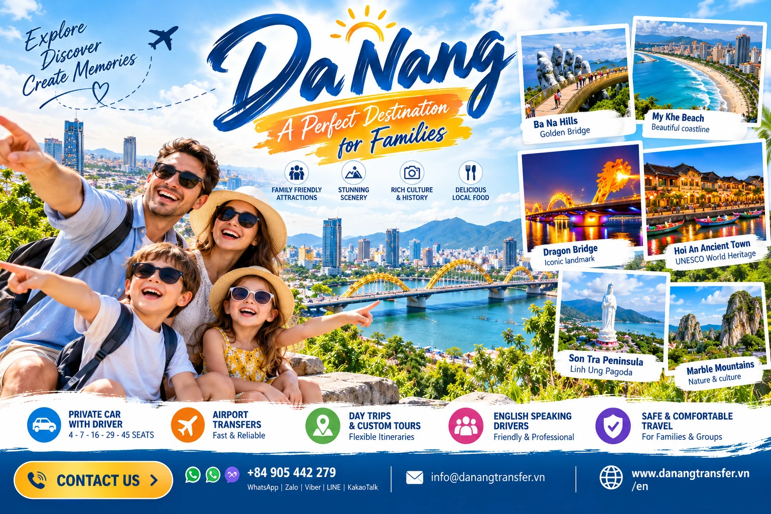Happy family traveling in Da Nang with Danang Transfer, featuring Ba Na Hills Golden Bridge, My Khe Beach, Dragon Bridge, Hoi An Ancient Town, Son Tra Peninsula and Marble Mountains.