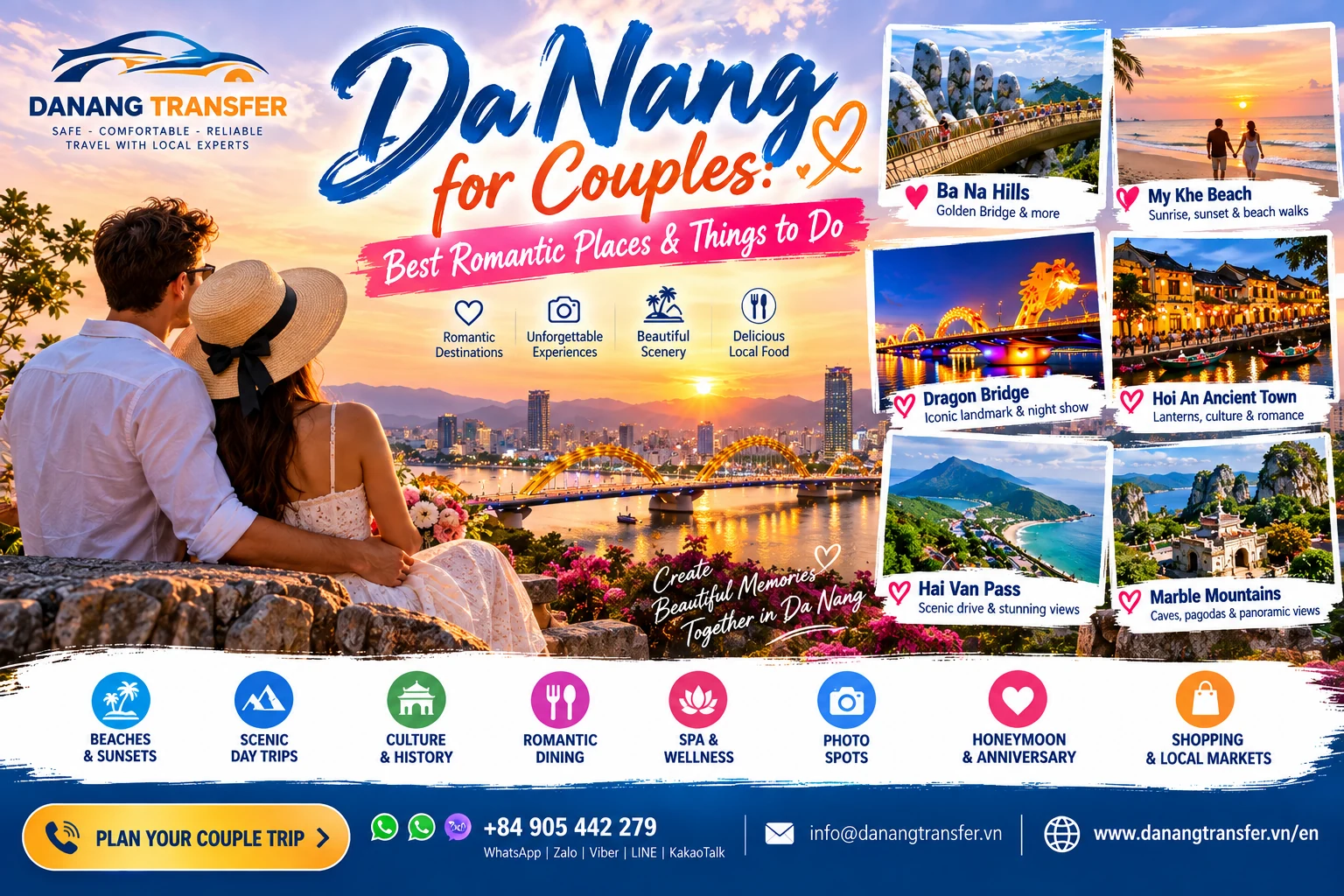 Couple enjoying a romantic trip to Da Nang with views of My Khe Beach, Ba Na Hills Golden Bridge, Dragon Bridge, Hoi An Ancient Town, Hai Van Pass and Marble Mountains.