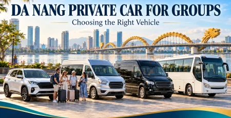 Da Nang private car for groups featuring an SUV, passenger van, VIP limousine and tour bus near Dragon Bridge.