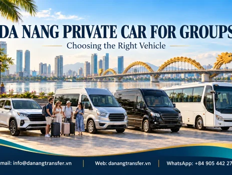 Da Nang private car for groups featuring an SUV, passenger van, VIP limousine and tour bus near Dragon Bridge.