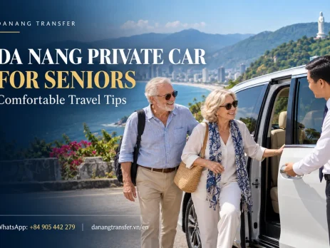 Senior couple beside a private car with a driver overlooking the Da Nang coastline