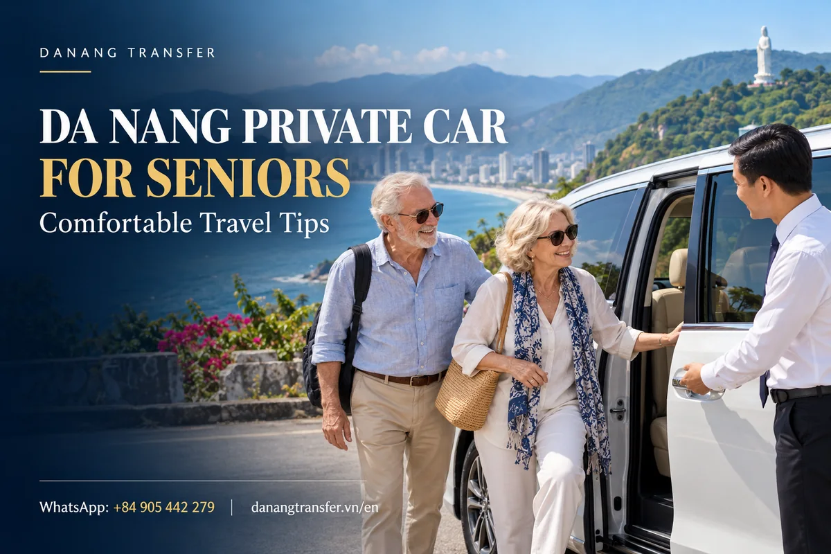 Senior couple beside a private car with a driver overlooking the Da Nang coastline