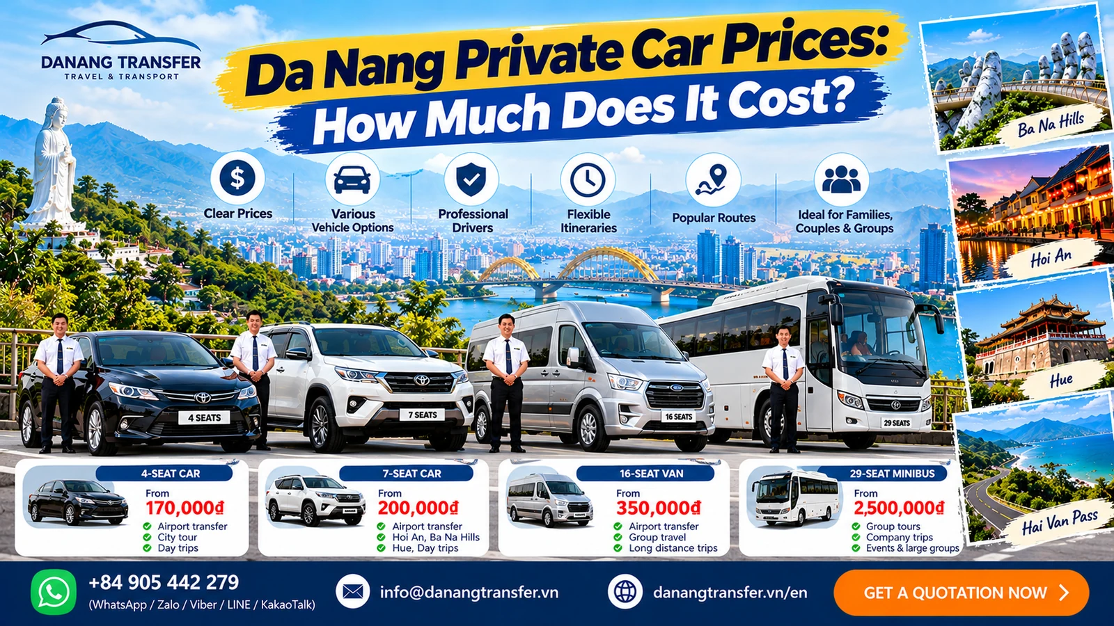 Da Nang private car prices for 4-seat, 7-seat and 16-seat vehicles with professional driver