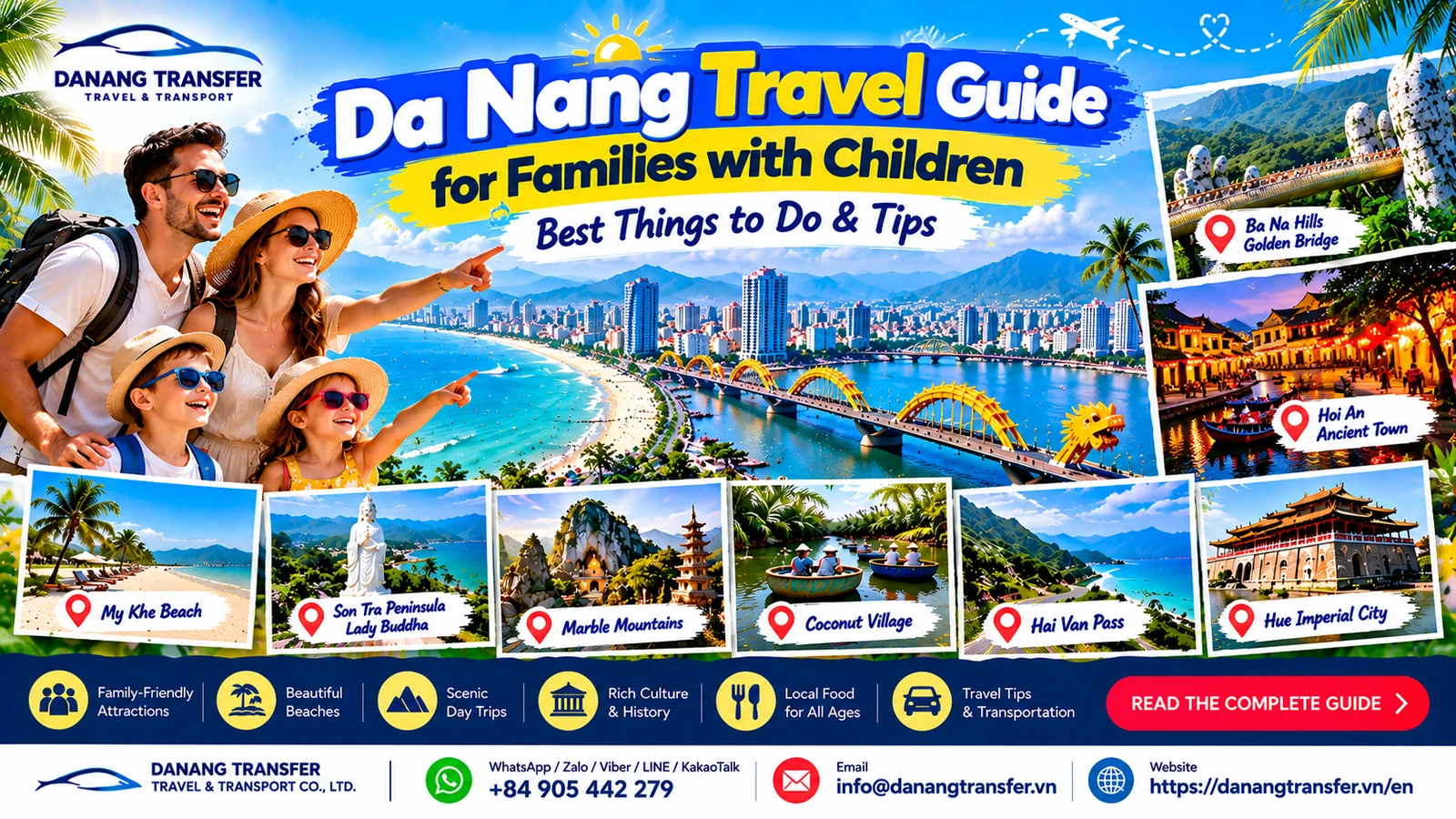 Da Nang travel guide for families with children featuring Ba Na Hills, Hoi An, My Khe Beach, Son Tra Peninsula, Marble Mountains and family-friendly attractions
