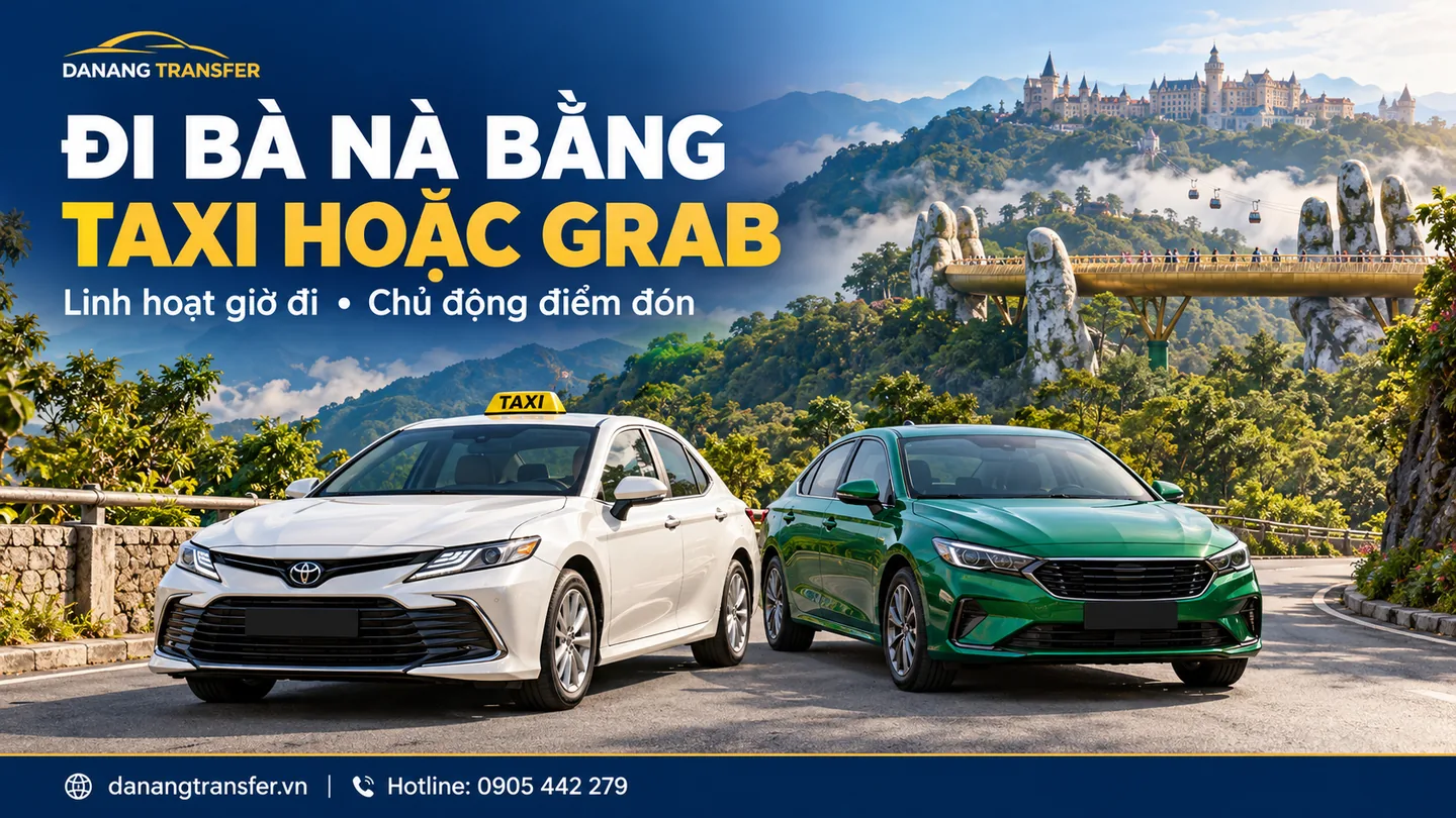 Taxi trắng và xe công nghệ màu xanh minh họa hành trình từ Đà Nẵng đi Bà Nà Hills