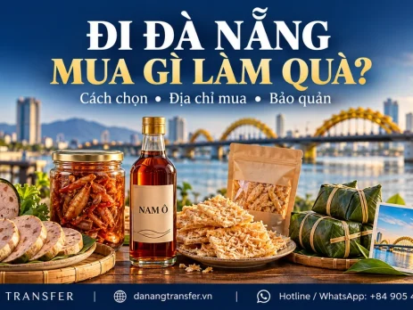 Đặc sản mua làm quà khi đi Đà Nẵng gồm chả bò, nước mắm Nam Ô, mực rim và bánh dừa trên nền Cầu Rồng.