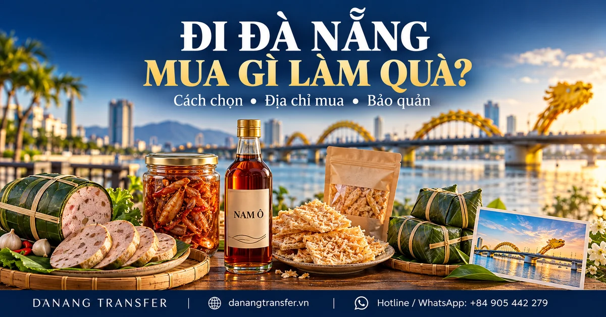 Đặc sản mua làm quà khi đi Đà Nẵng gồm chả bò, nước mắm Nam Ô, mực rim và bánh dừa trên nền Cầu Rồng.