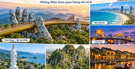 Ảnh ghép Cầu Vàng, biển Mỹ Khê, cầu Rồng, chùa Linh Ứng, Ngũ Hành Sơn và phố cổ Hội An.