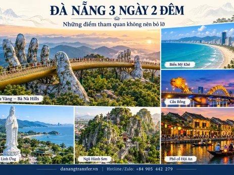 Ảnh ghép Cầu Vàng, biển Mỹ Khê, cầu Rồng, chùa Linh Ứng, Ngũ Hành Sơn và phố cổ Hội An.