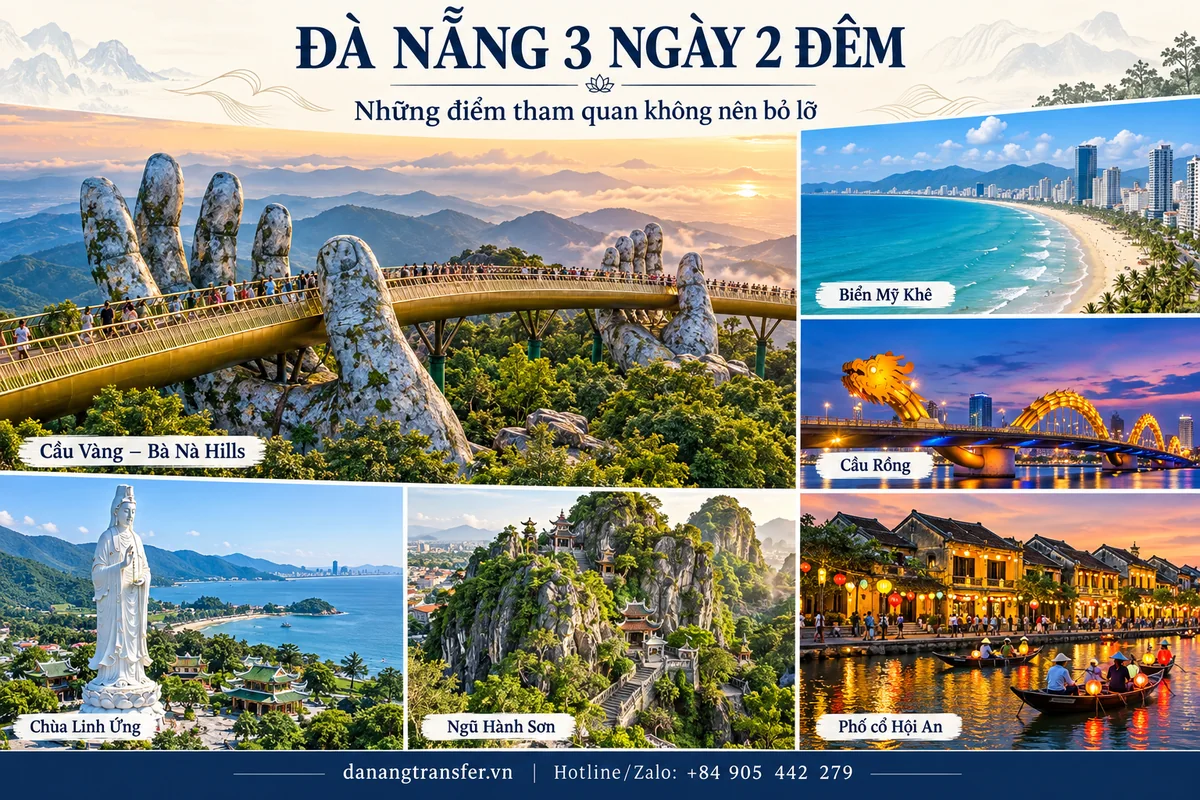 Ảnh ghép Cầu Vàng, biển Mỹ Khê, cầu Rồng, chùa Linh Ứng, Ngũ Hành Sơn và phố cổ Hội An.