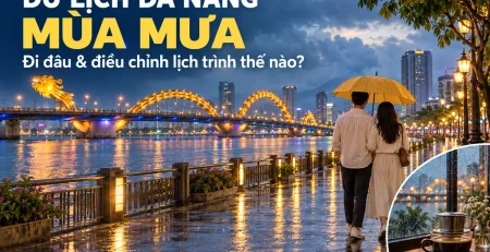 Minh họa du lịch Đà Nẵng mùa mưa với Cầu Rồng, đôi du khách che ô bên sông Hàn và góc cà phê