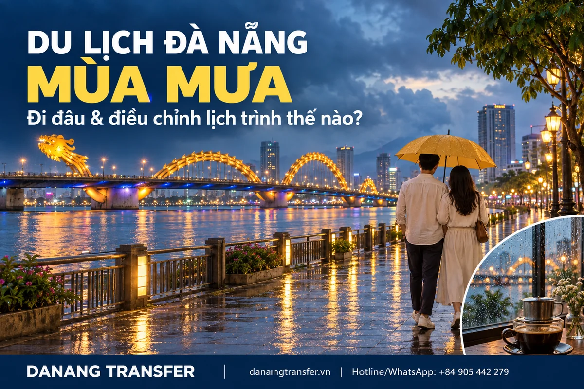 Minh họa du lịch Đà Nẵng mùa mưa với Cầu Rồng, đôi du khách che ô bên sông Hàn và góc cà phê