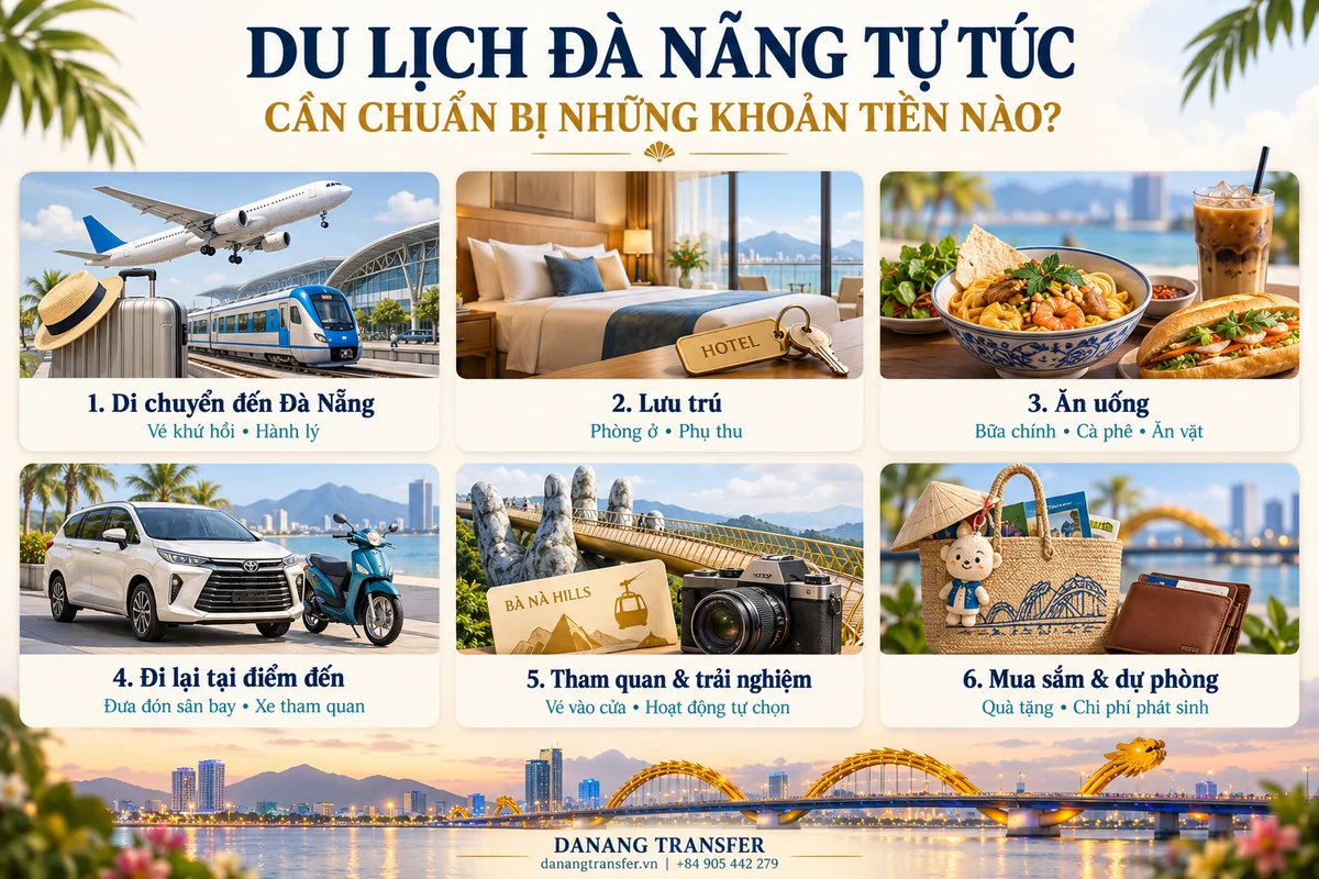 Sáu khoản chi phí du lịch Đà Nẵng tự túc: di chuyển, lưu trú, ăn uống, đi lại, tham quan và mua sắm, dự phòng